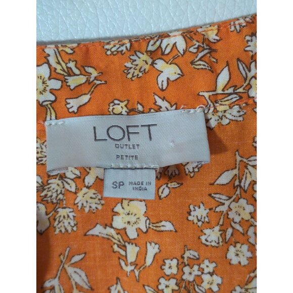Loft Midi Dress S Petite Orange Floral Cottagecore Prairie 3/4 Sleeve V-Neck - Picture 6 of 9